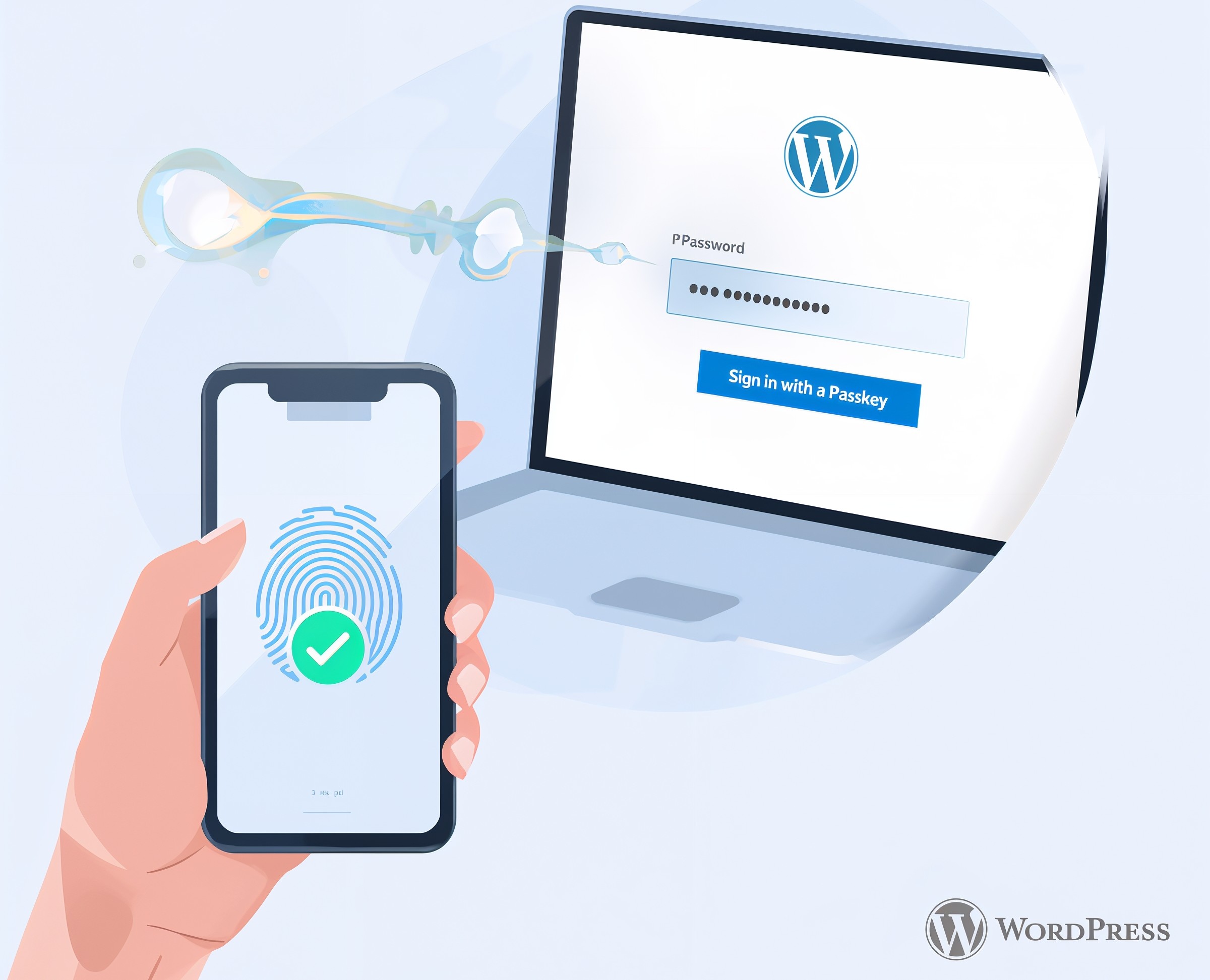 A smartphone using a fingerprint to generate a passkey and securely log into a WordPress website on a laptop, illustrating a simple, passwordless login process