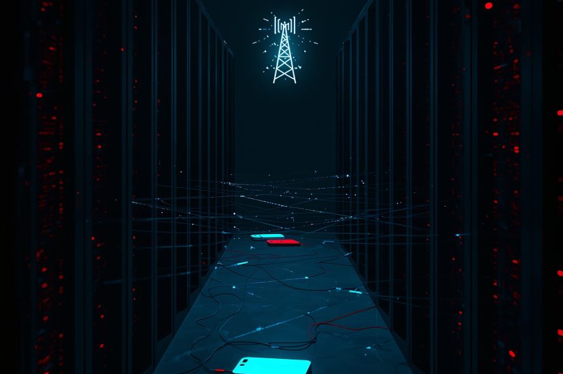 SIM farm racks with dozens of active SIM boxes overlayed with a warning about SMS OTP risk and carrier detection gaps