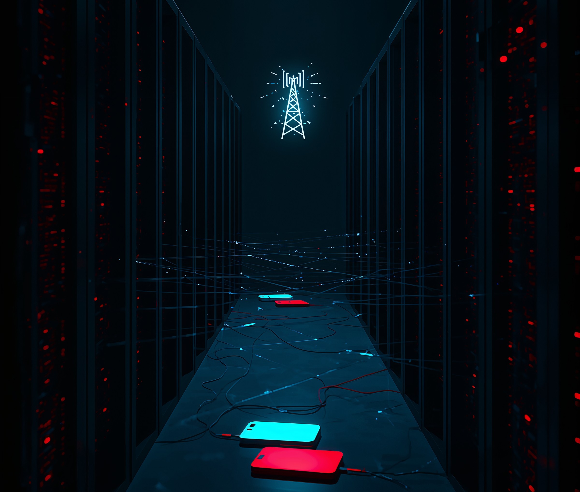 SIM farm racks with dozens of active SIM boxes overlayed with a warning about SMS OTP risk and carrier detection gaps