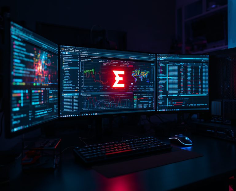 A home lab setup functioning as a personal SOC, with a main monitor showing a free SIEM dashboard that has detected a threat using a Sigma rule, and a side monitor displaying Sysmon data