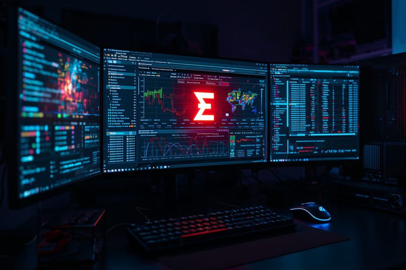 A home lab setup functioning as a personal SOC, with a main monitor showing a free SIEM dashboard that has detected a threat using a Sigma rule, and a side monitor displaying Sysmon data