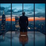 Concept illustration of Tim Cook’s silhouette fading into John Ternus against the Apple Park campus, symbolising Apple CEO succession.