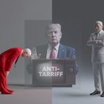 Canadian prime minister and U.S. president face off over tariffs, with a Reagan quote on screen and a trade graph fading into the background