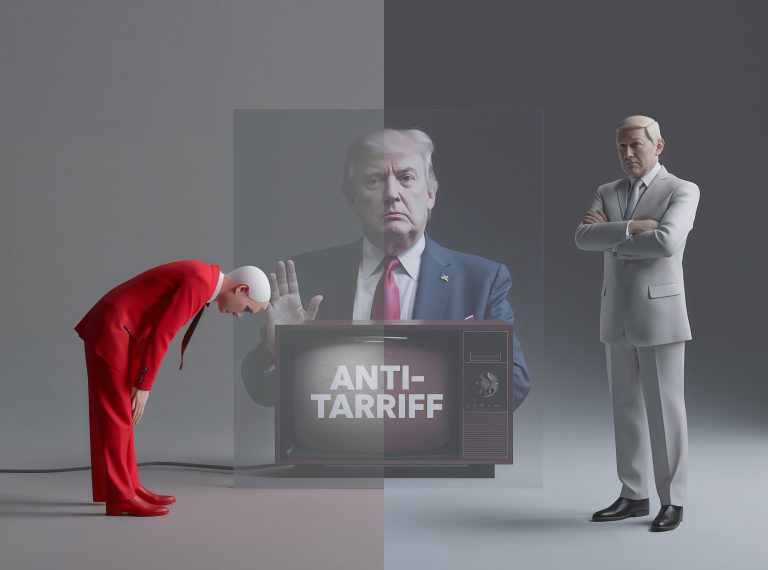 Canadian prime minister and U.S. president face off over tariffs, with a Reagan quote on screen and a trade graph fading into the background