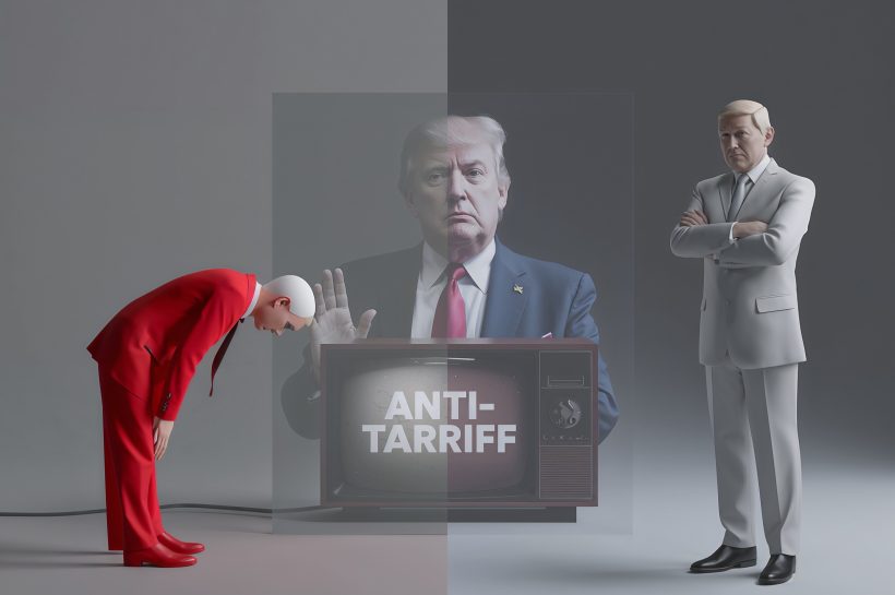 Canadian prime minister and U.S. president face off over tariffs, with a Reagan quote on screen and a trade graph fading into the background