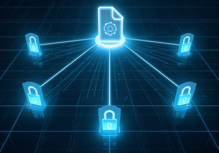 A conceptual image of the Windows 11 interface being hardened, with glowing blue shields representing Group Policy Objects (GPOs) locking over system components to improve security