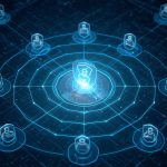 A conceptual illustration of Zero Trust Architecture, featuring a central data core protected by multiple layers of digital shields, symbolizing continuous verification for all access requests.