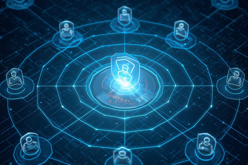 A conceptual illustration of Zero Trust Architecture, featuring a central data core protected by multiple layers of digital shields, symbolizing continuous verification for all access requests.