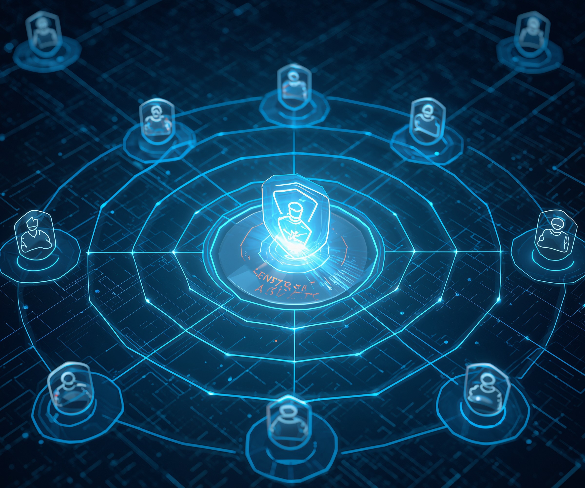 A conceptual illustration of Zero Trust Architecture, featuring a central data core protected by multiple layers of digital shields, symbolizing continuous verification for all access requests.