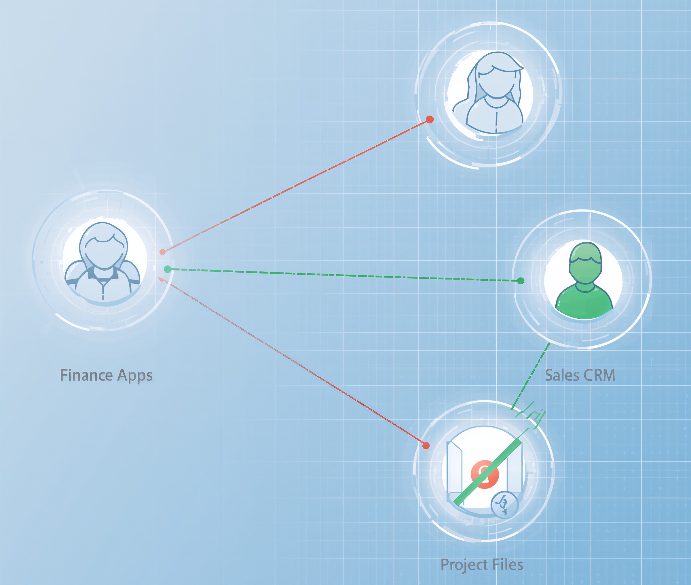 An illustration of Zero Trust for remote teams using micro-segmentation lite, where users are granted access only to the specific application groups they need, blocking access to all others