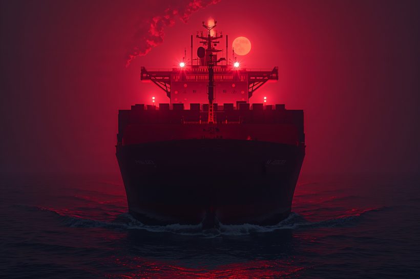 Conceptual graphic of IoT devices connected across a maritime logistics network with a Mirai botnet threat overlay