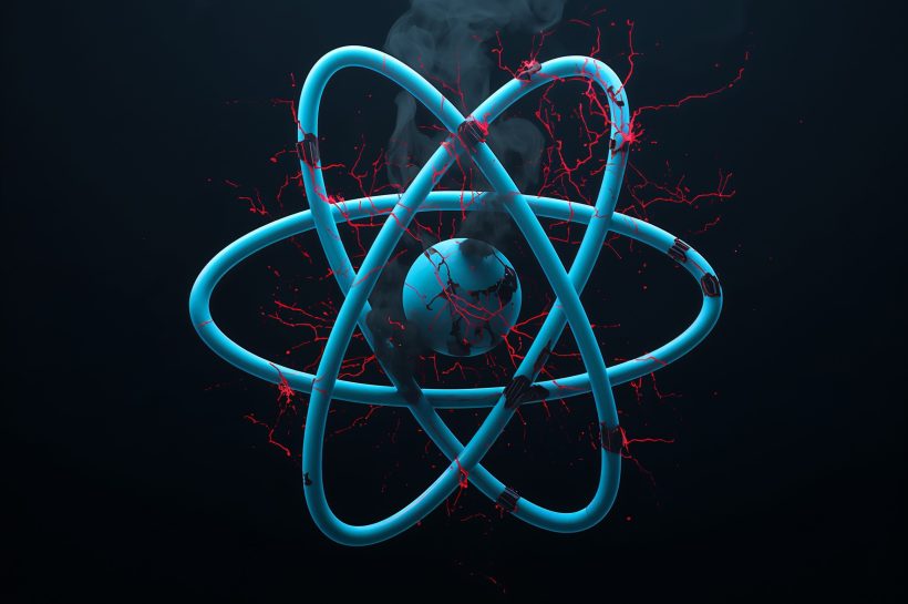 Abstract illustration depicting a compromised server pipeline behind React and Next.js logos, symbolizing the React2Shell remote code execution vulnerability